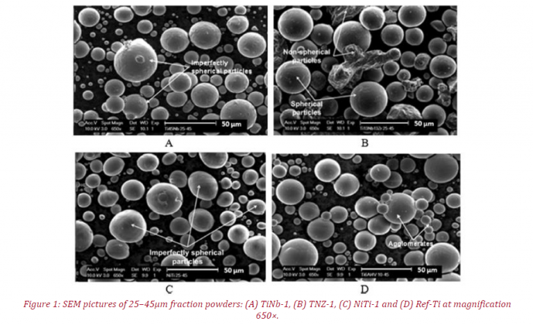 Pictures of SEM of 25-45 µm fraction powders : (A) TiNb-1, (B) TNZ-1, (C) NiTi-1 and (D) Ref-Ti at magnification 650x